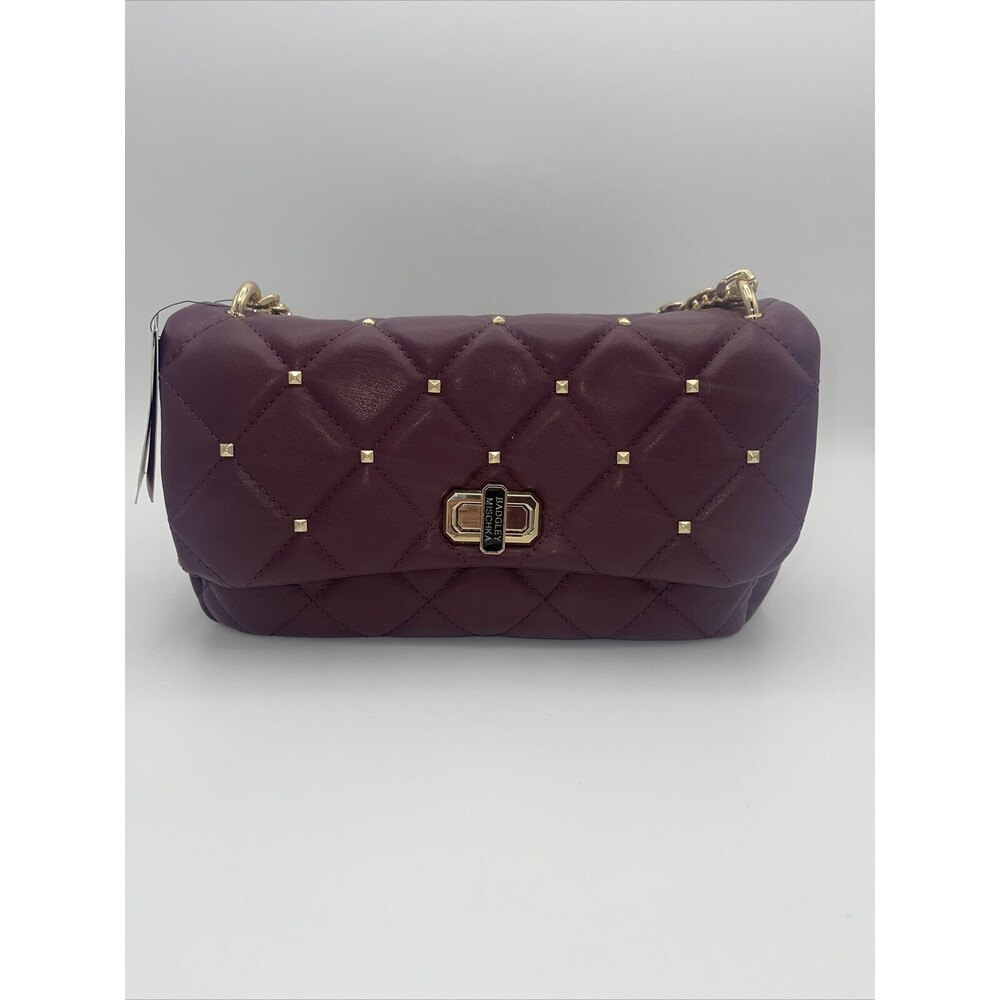 Badgley Mischka Vegan Leather Quilted Studded Crossbody Bag In Plum New